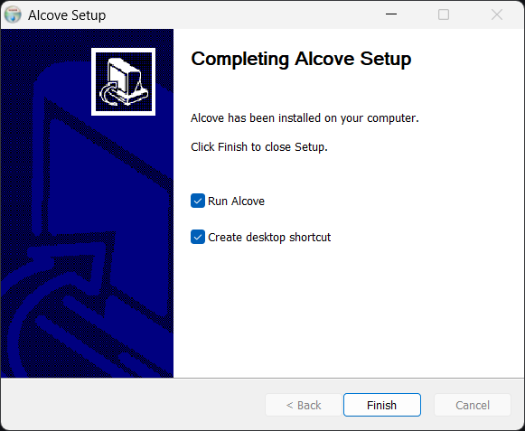 Alcove installer completing screen with Finish button, Run Alcove and desktop shortcut options